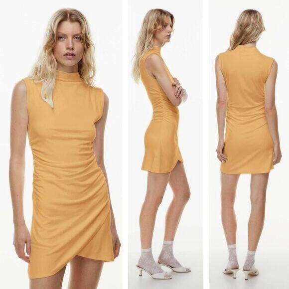 NWT WILFRED Aritzia Boulevard Draped Jersey Mockneck Mini Dress XS Soft Apricot - Picture 1 of 5